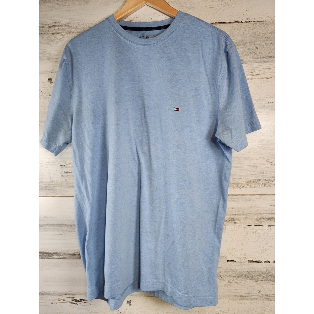 Tommy Hilfiger T-Shirt Mens Large Blue Embroidered Flag Logo Heathered Casual